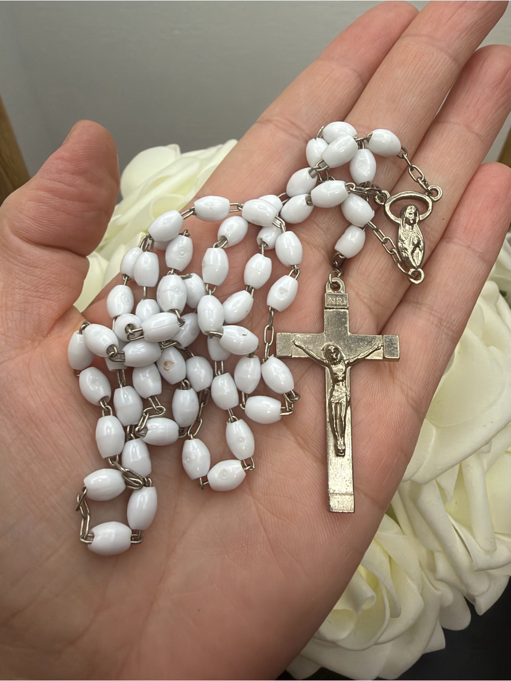 White Rosary Beads Necklace with Crucifix